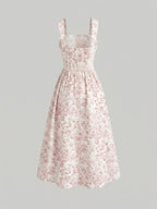 Women's Spring/Summer Romantic Floral Print Waist-Cinching Elegant Thick Spaghetti Suspender Dress for Vacation and Dates - Pink
