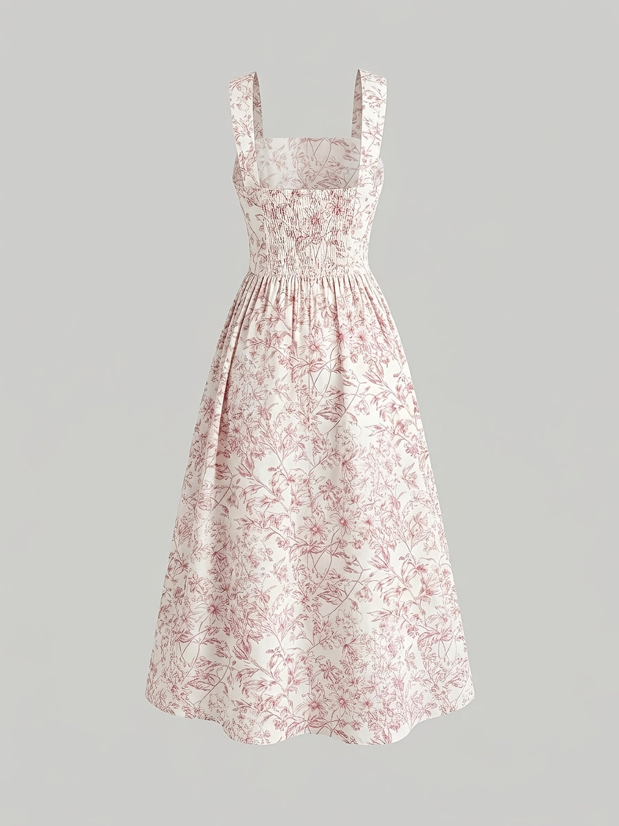 Women's Spring/Summer Romantic Floral Print Waist-Cinching Elegant Thick Spaghetti Suspender Dress for Vacation and Dates - Pink