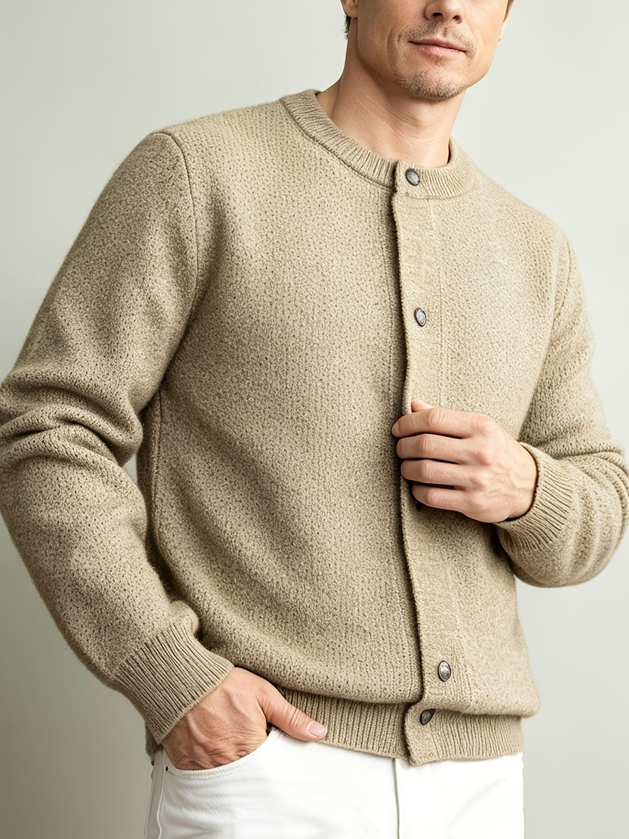 Men'S Italian Casual Gentleman Windproof Solid Round Neck Knit Cardigan Top, Heavy Fabric Warm Non-Constricting Ribbed Hem Windproof Fitted, Suitable for Coffee Dates Art Exhibitions City Strolls Mall Shopping Holiday Leisure Commute Outerwear Top - Clip Flower Coffee