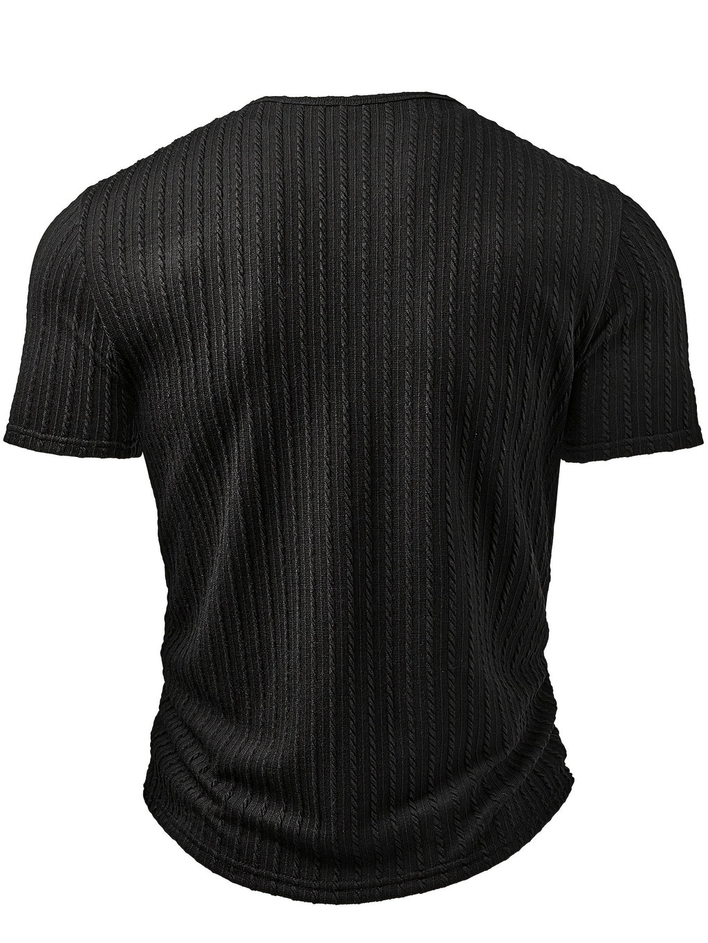 Men's Fashion Top, Spring/Summer Outdoor Casual Textured Jacquard Fabric, Solid Color Small V-Neck Pocket Patchwork Short Sleeve Men's Henley Shirt - Black