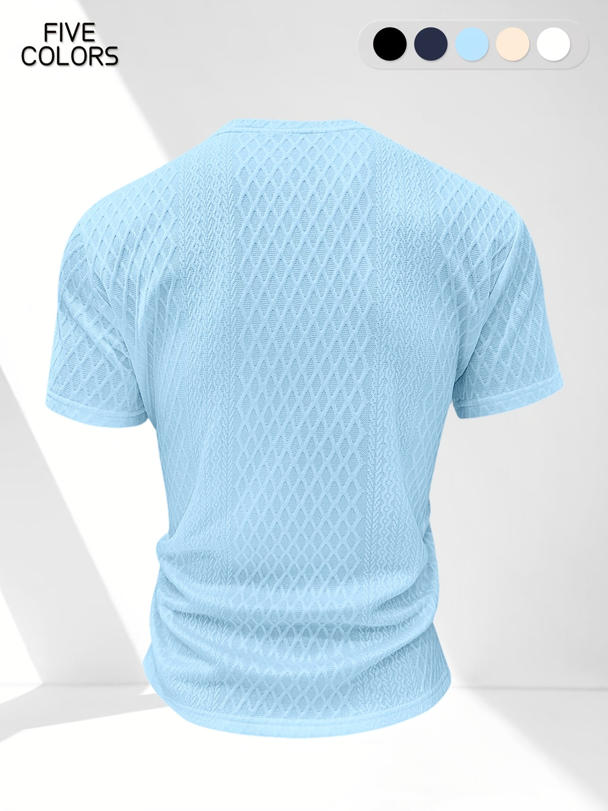 Men'S Summer Casual Premium Textured Solid Round Neck Short Sleeve, Comfortable Breathable Textured Fabric T-Shirt, Suitable for Outdoor Vacation And Daily Wear - Sky Blue