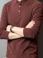 Men's Henley Neck Long Sleeve Base Layer Shirt, Slim Fit but Not Tight, Suitable for Middle-Aged Men, with a Light Business-Casual Vibe. -SINBOS - Red
