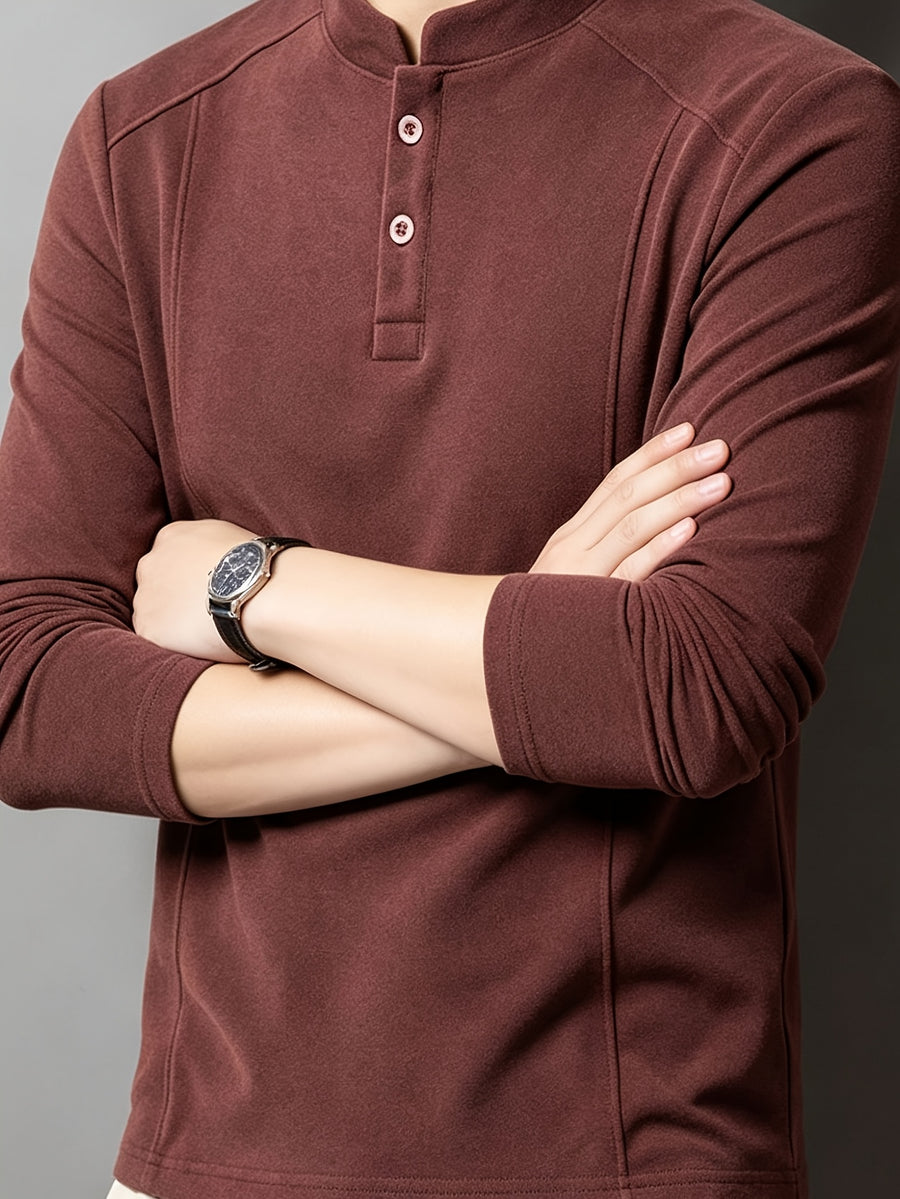 Men's Henley Neck Long Sleeve Base Layer Shirt, Slim Fit but Not Tight, Suitable for Middle-Aged Men, with a Light Business-Casual Vibe. -SINBOS - Red