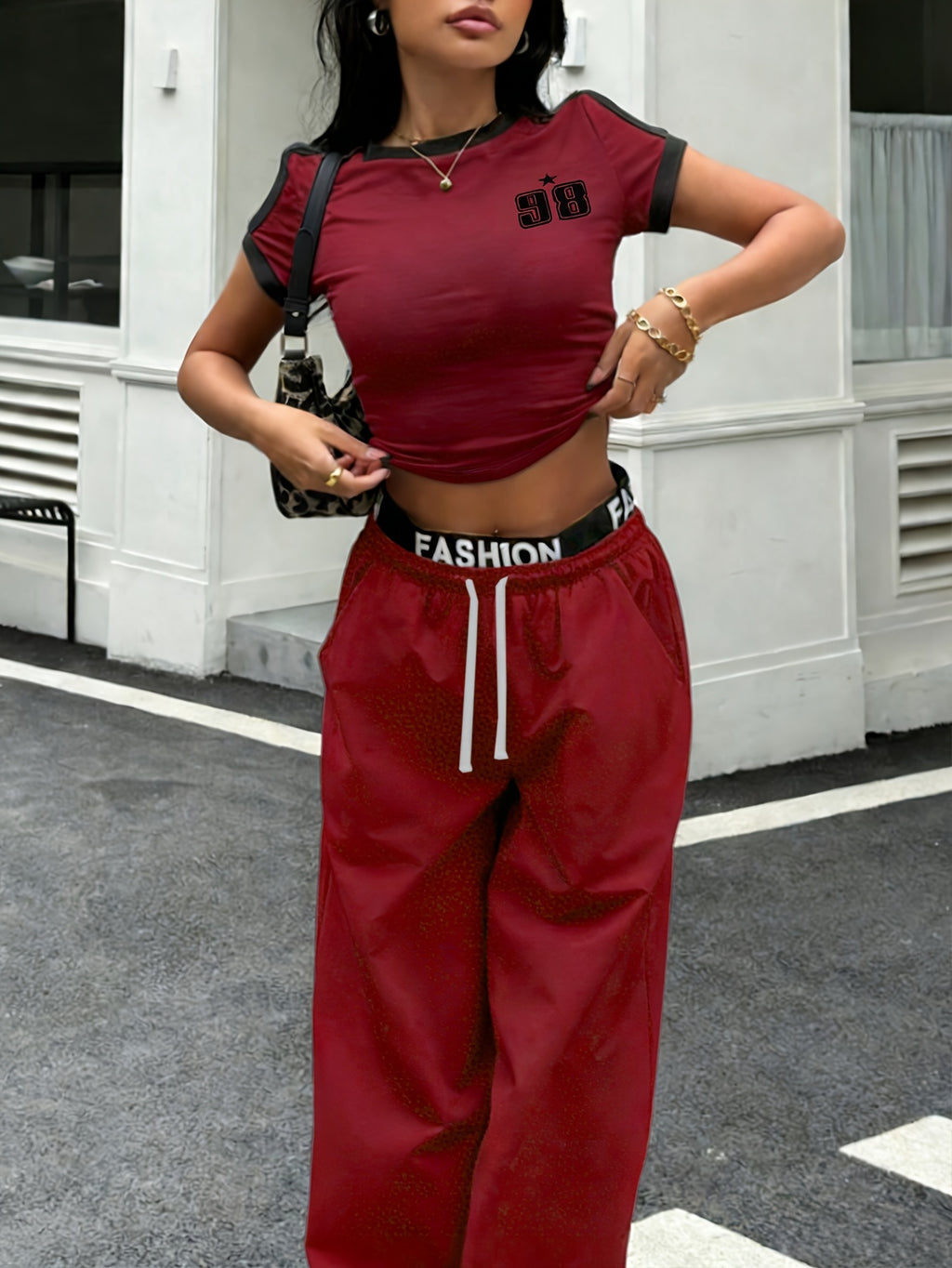 Women's 2pcs Set: Black and White Contrast Striped Cropped Top + Letter-Print Waistband Wide-Leg Pants in Western Hot Style - Red
