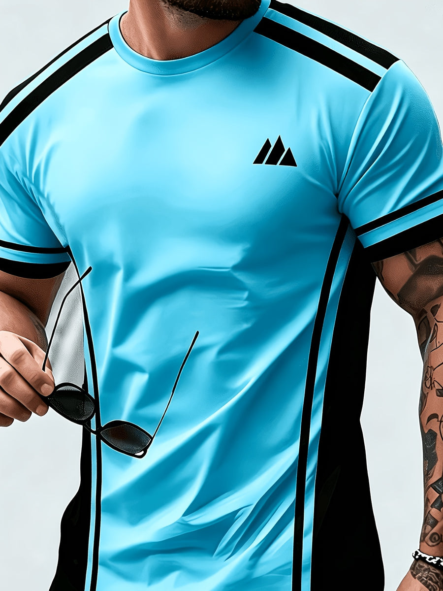 Men'S Trendy Casual Sports T-Shirt, Yellow Black Contrast Striped Mountain Peak Small Label Print Design, Fashionable Thin Breathable T-Shirt, Machine Washable Casual Short Sleeve Top - Mixed Color 11