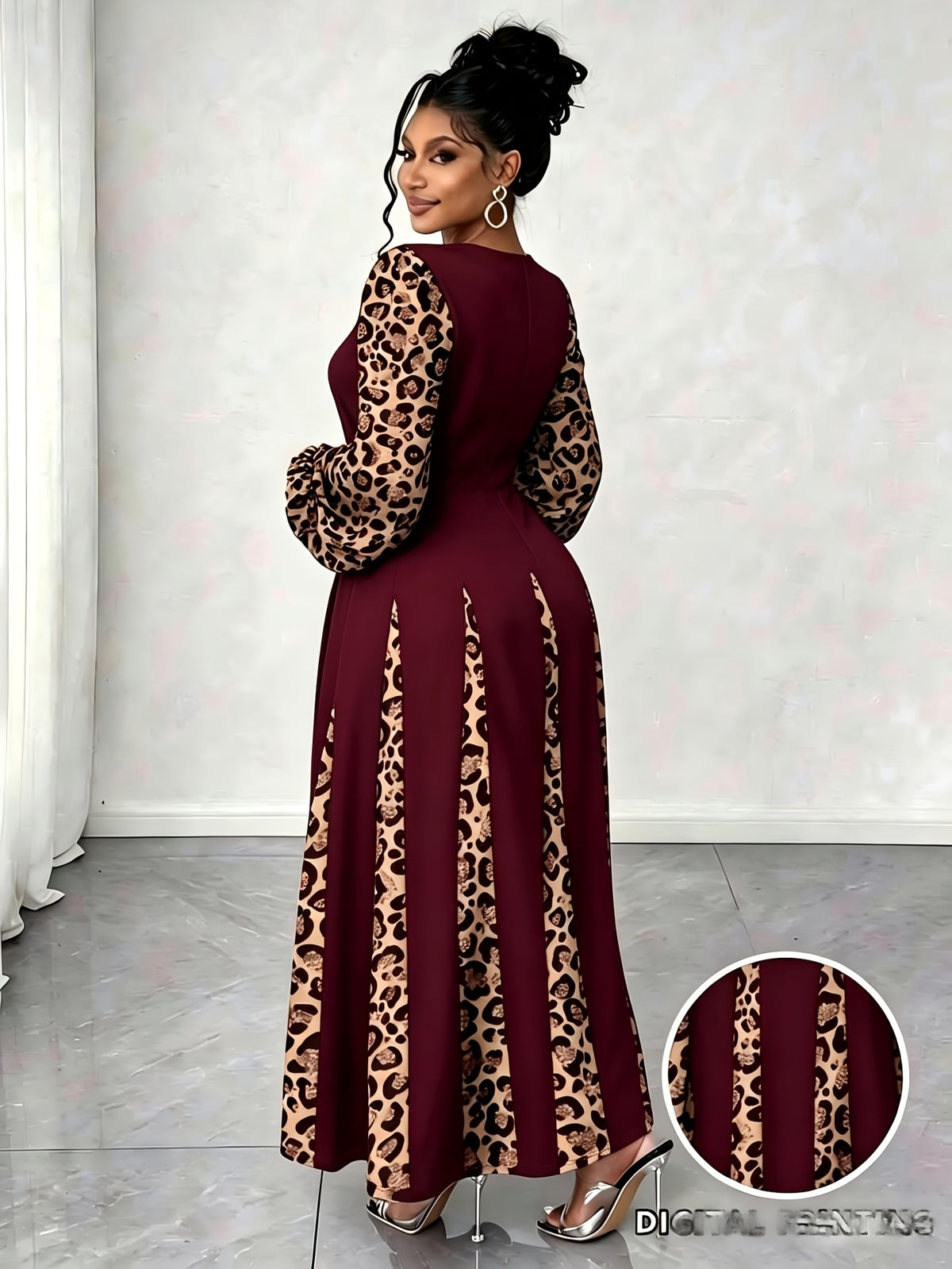 Plus Size Women'S Leopard Patchwork Long Dress, Long Puff Sleeve with Cutout V-Neck A-Line Maxi Skirt, Elegant Party Evening Gown - Burgundy