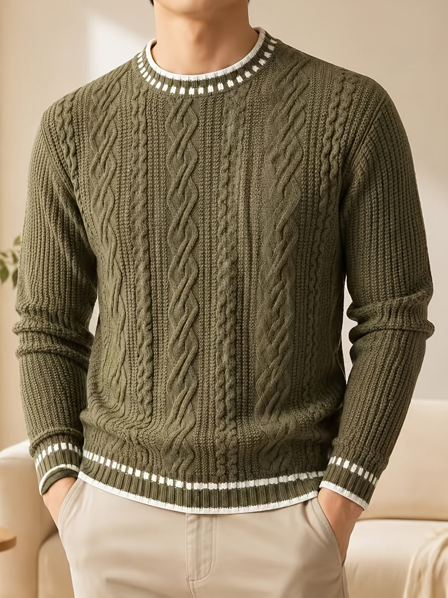 Black Friday, Christmas, Thanksgiving Pre-Heat, Men's Acrylic Blend Five-Color Options, Cable Knit, Contrast Stripe Ribbed Crew Neck Pullover Sweater with Contrast Stripes at Neckline, Cuffs, and Hem, Vintage Casual Daily Wear for Autumn/Winter - Green