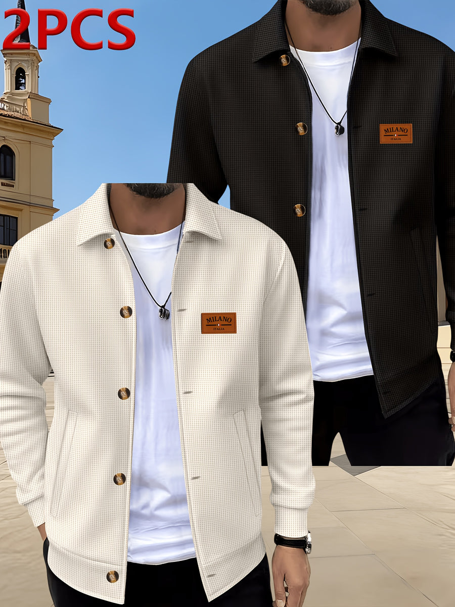 Men's 2pcs Waffle Knit Lapel Jacket, American Light Mature Casual Style, Two-Tone Textured Fabric, Vintage Amber Button Placket, Side Slant Pockets, Versatile Outerwear for Young and Middle-Aged Men for Commuting, Shopping, Outdoor Outings, and Daily - Khaki+Black