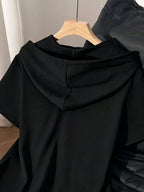 Women'S Top, Solid Color Minimalist Casual Hooded Short Sleeve Sweatshirt, Valentine'S Day Heart Pattern Print - Black