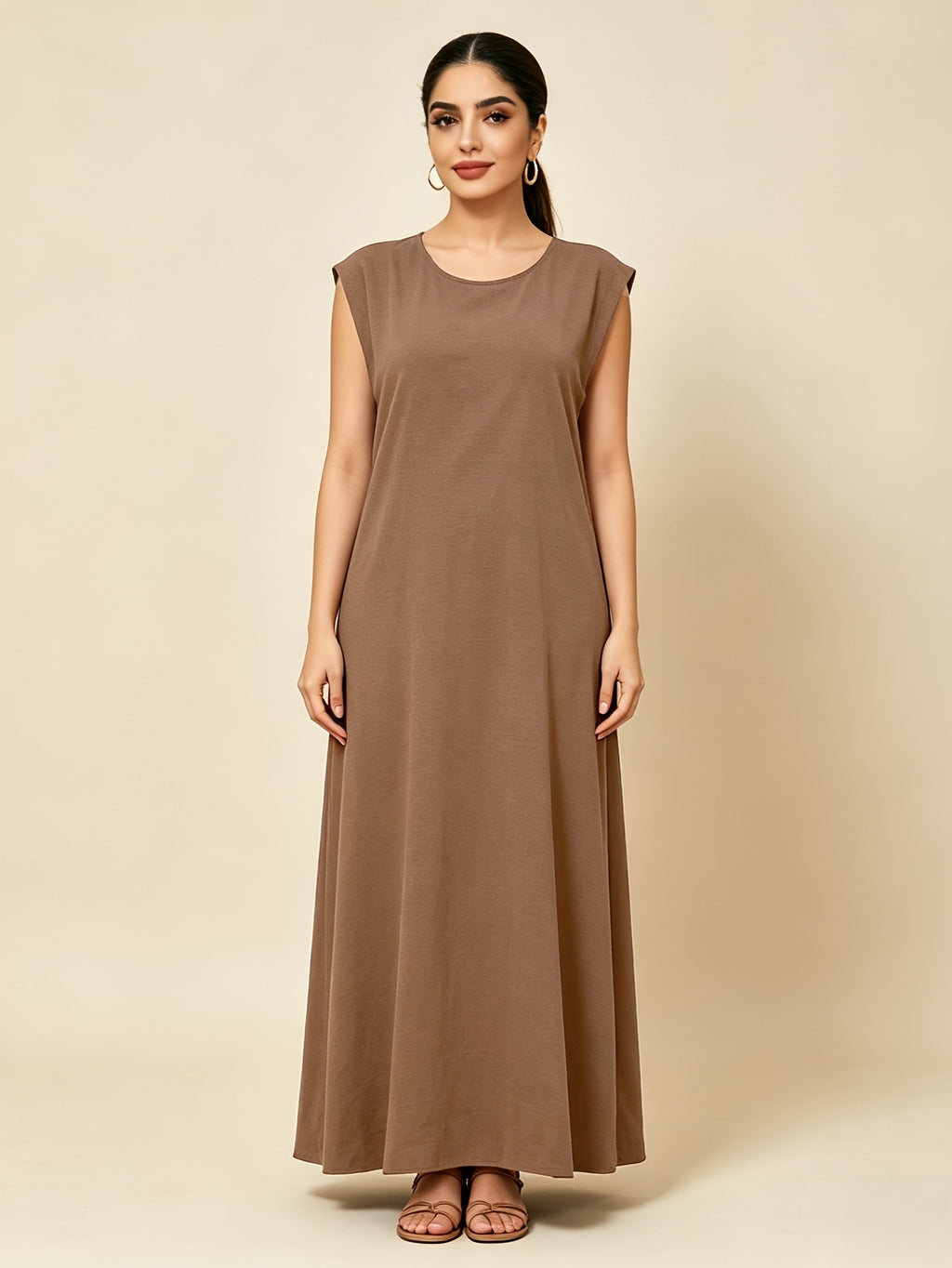 1pc Solid Color Elegant Casual Spring Autumn Suitable for Women'S Daily Base Layer Vest Abaya Muslim Dress Robe Summer Abaya - Khaki