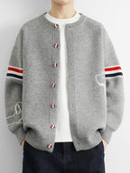 Autumn/Winter Men's Knitted Cardigan Coat, Academic Style Loose Fit Casual Thick Sweater, Trendy Brand Student Striped Patchwork Jacket MDKL-5017 - Grey