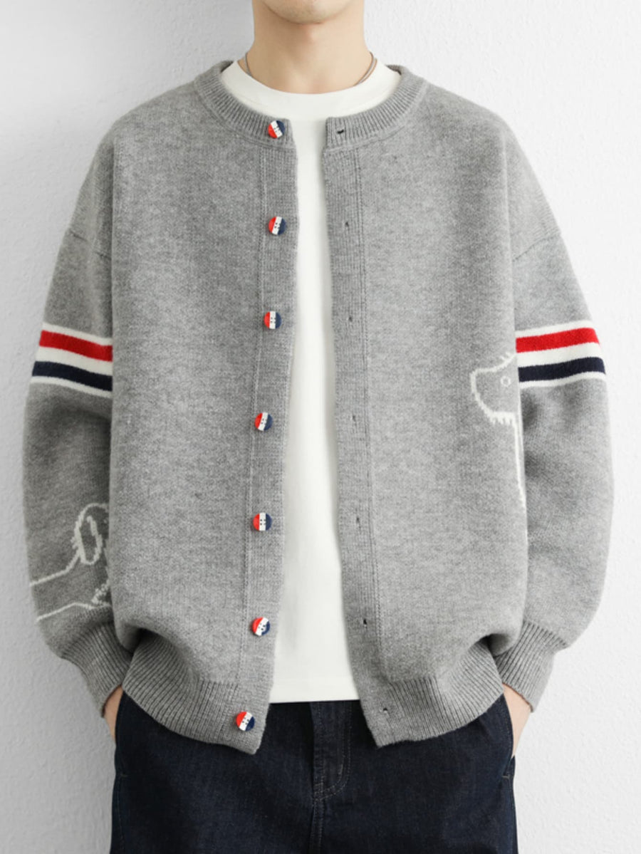 Autumn/Winter Men's Knitted Cardigan Coat, Academic Style Loose Fit Casual Thick Sweater, Trendy Brand Student Striped Patchwork Jacket MDKL-5017 - Grey