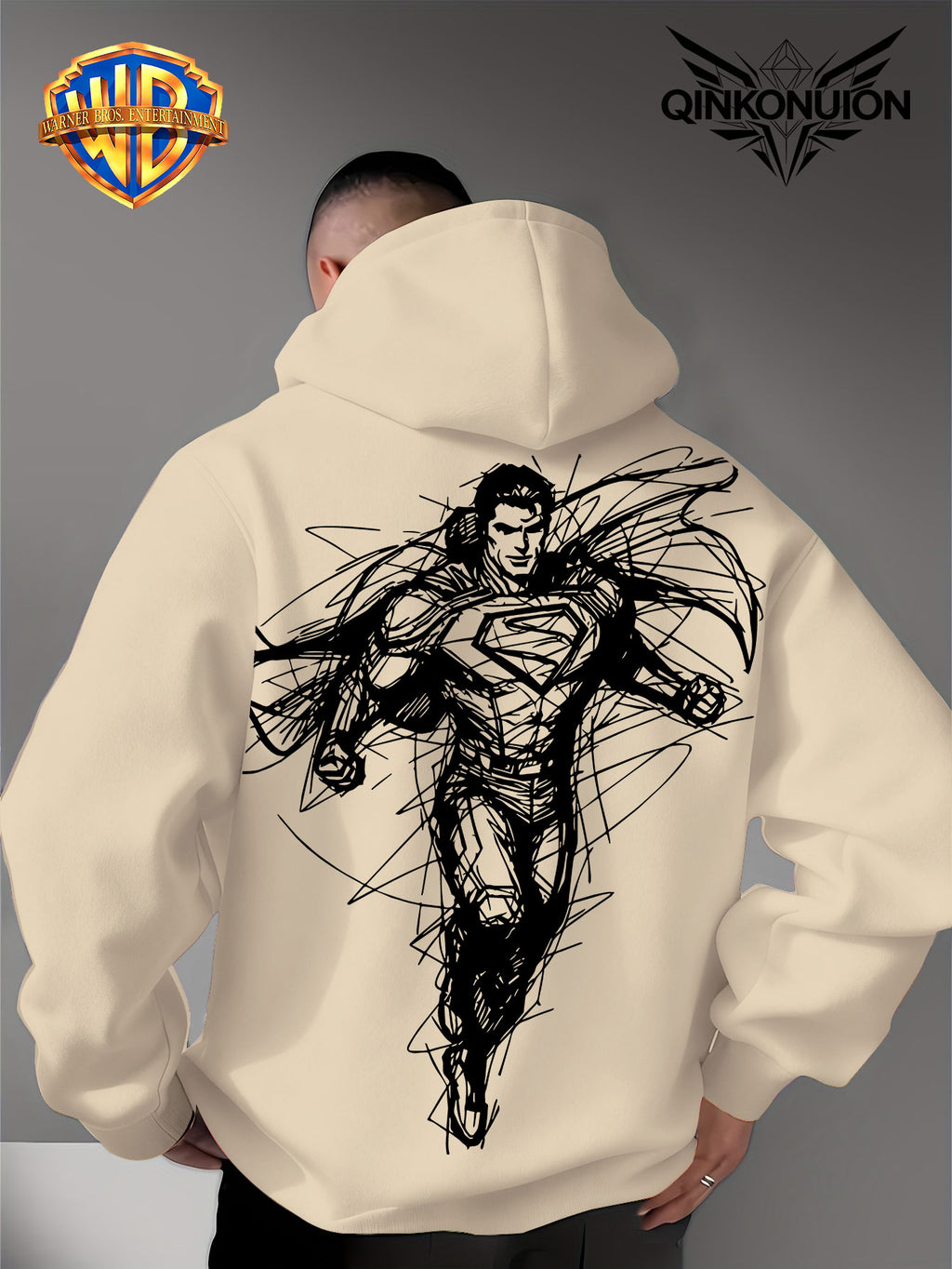 Warner Official Men'S Hooded Sweatshirt, Featuring Sketch Lines, Superhuman Flight, Dynamic And Cool Print Design, Machine Washable, Warm And Casual for Autumn And Winter, Daily Drawstring Hoodie, Multifunctional Sports And Casual Loose Fit - Apricot