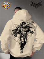 Warner Official Men'S Hooded Sweatshirt, Featuring Sketch Lines, Superhuman Flight, Dynamic And Cool Print Design, Machine Washable, Warm And Casual for Autumn And Winter, Daily Drawstring Hoodie, Multifunctional Sports And Casual Loose Fit - Apricot