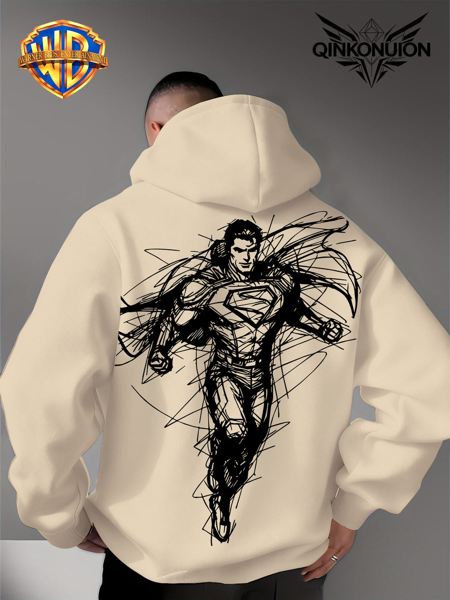 Warner Official Men'S Hooded Sweatshirt, Featuring Sketch Lines, Superhuman Flight, Dynamic And Cool Print Design, Machine Washable, Warm And Casual for Autumn And Winter, Daily Drawstring Hoodie, Multifunctional Sports And Casual Loose Fit - Apricot