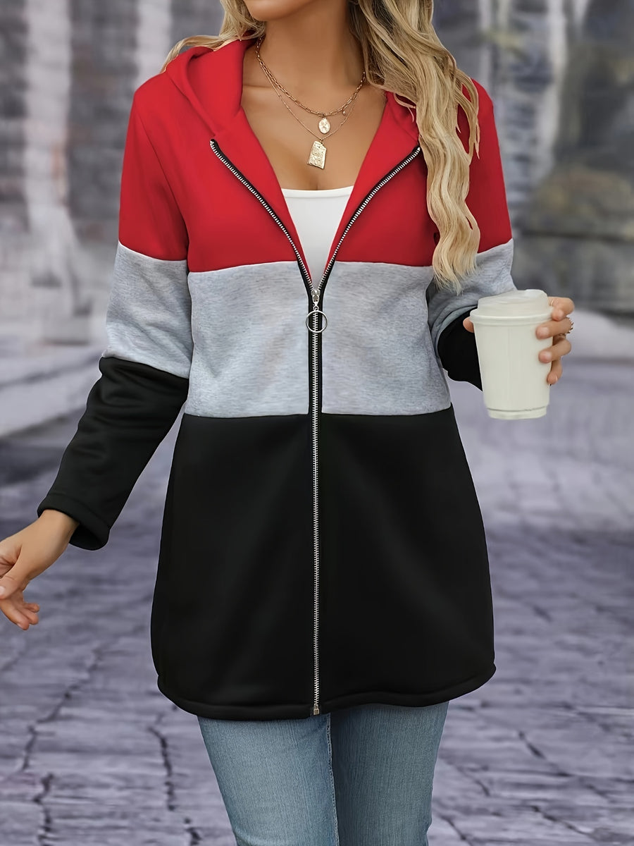 Women's Elegant Contrast Color Fleece Thickened Hooded Cardigan - Full Zip Hooded Jacket Full-Length Zip Closure, Pink/Gray/Black - Contrast Color Design, Machine Washable Autumn Winter Sweater, Soft Texture, Warm Outerwear for Autumn Winter, Office - Red