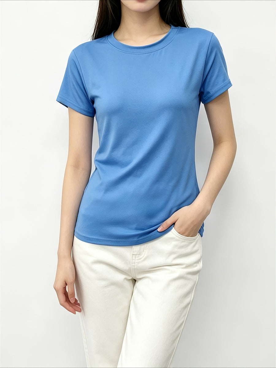 Women'S Casual Short Sleeve T-Shirt, Ladies Round Neck Slim Fit Inner Wear Bust-Enhancing Stretch Tight Solid Base Layer - Blue