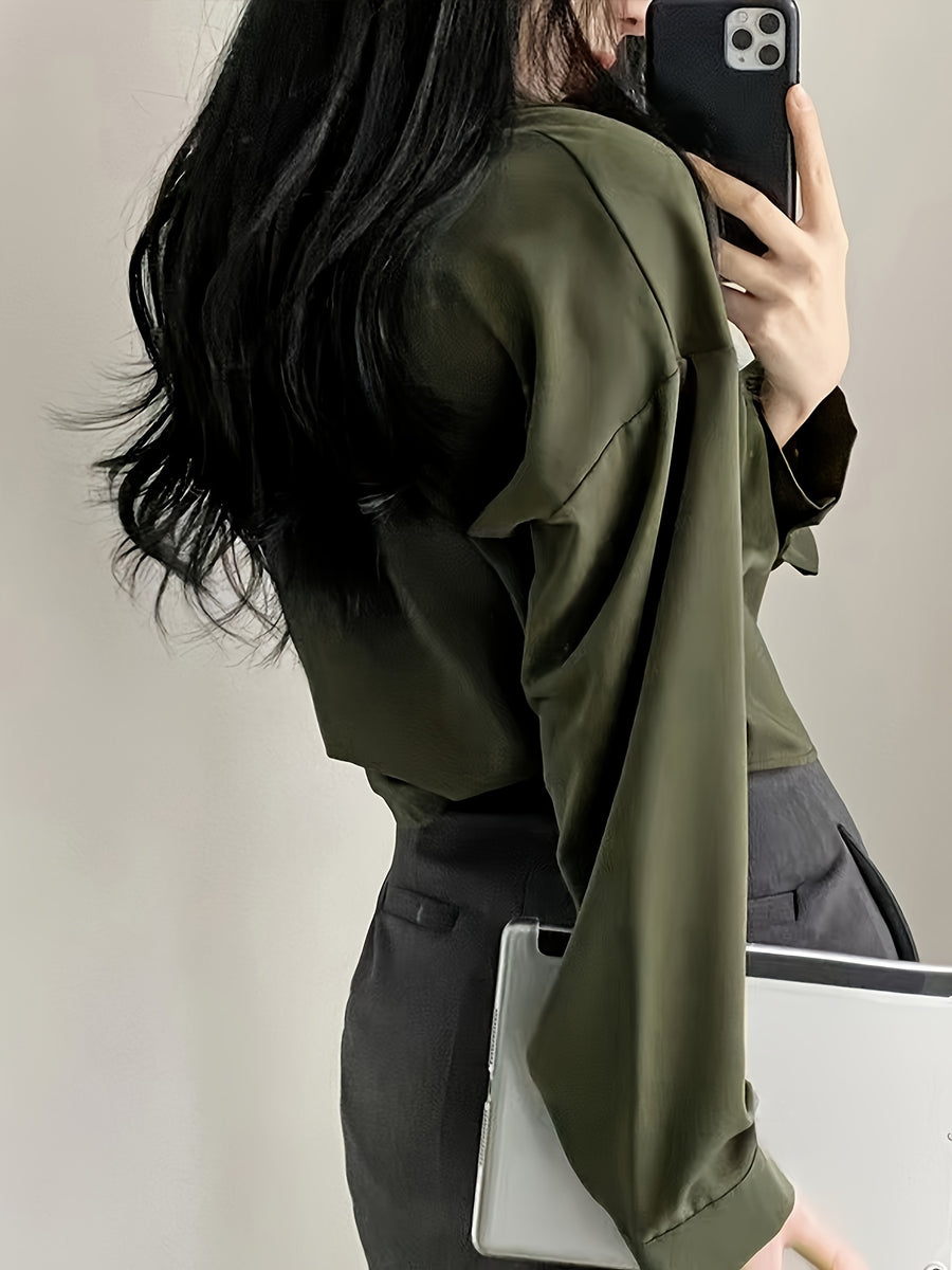 Easy Versatile Single-Button Loose Casual Solid Color Long Sleeve Shirt Top Women'S - Green