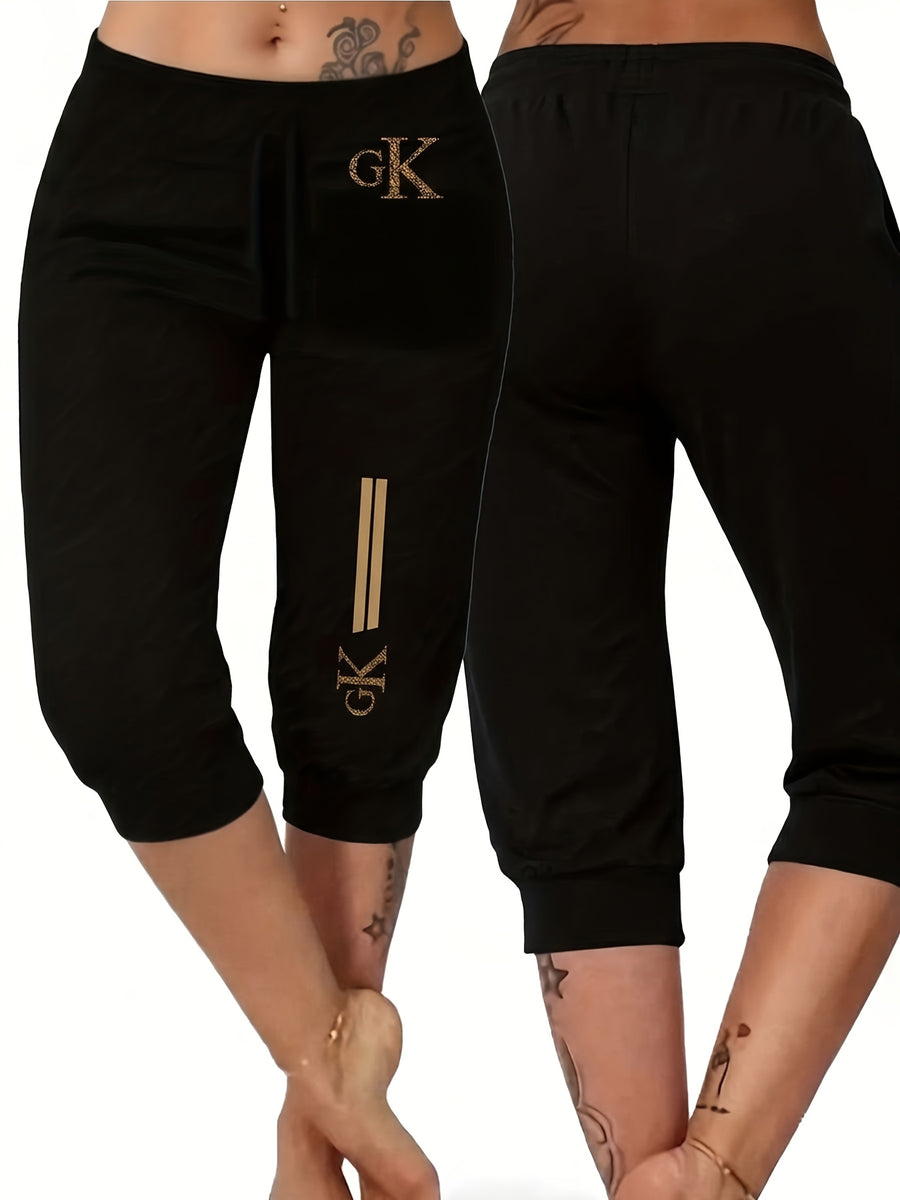 Summer Women'S Golden Geometric Pattern Letter Print Ankle-Cinching Sweatpants, High-Waist Drawstring Casual Bermuda Shorts - Black
