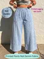 [Printed Pants - Not Denim Fabric]Plus Size - [Printed Pants - Not Faux Denim Fabric]Plus Size - [Printed Pants - Not Faux Denim Fabric] Plus Size Women'S Clothing, Women'S Stretch Printed Faux Denim Ankle Pants, Stretch Faux Denim Fabric - Light Blue