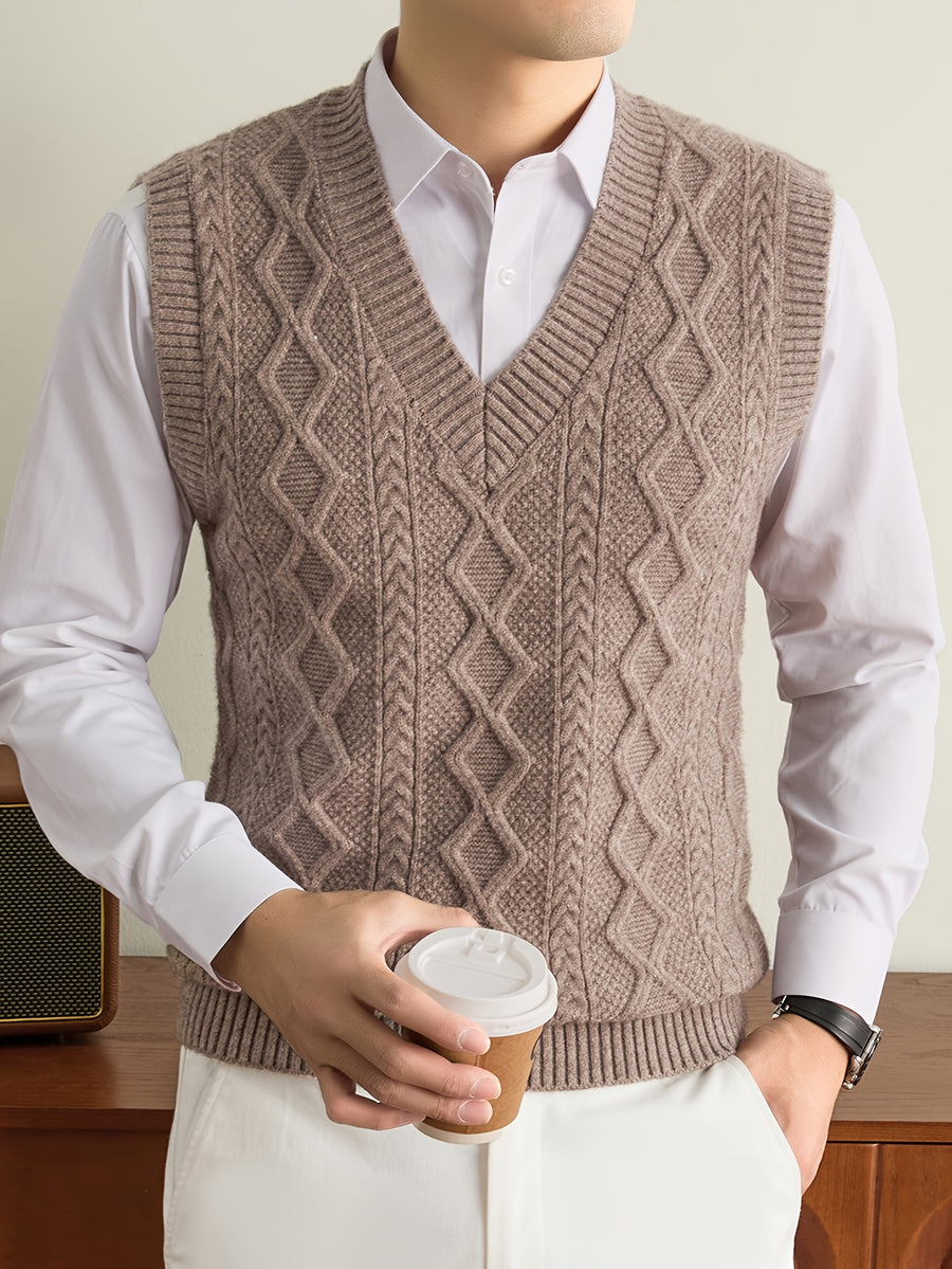 Men's V-neck Simple and Stylish Knitted Autumn/Winter Pullover Sleeveless Sweater Vest (Single Piece) - Camel