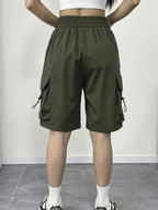 Women's Y2K Style Quick-Dry Cargo Shorts - Wide-Leg Pants with Elastic Waistband & Pockets, Shorts Suitable for Outdoor,, Casual Attire, Machine Washable, - Versatile for Occasions (No Transparency) - fern green