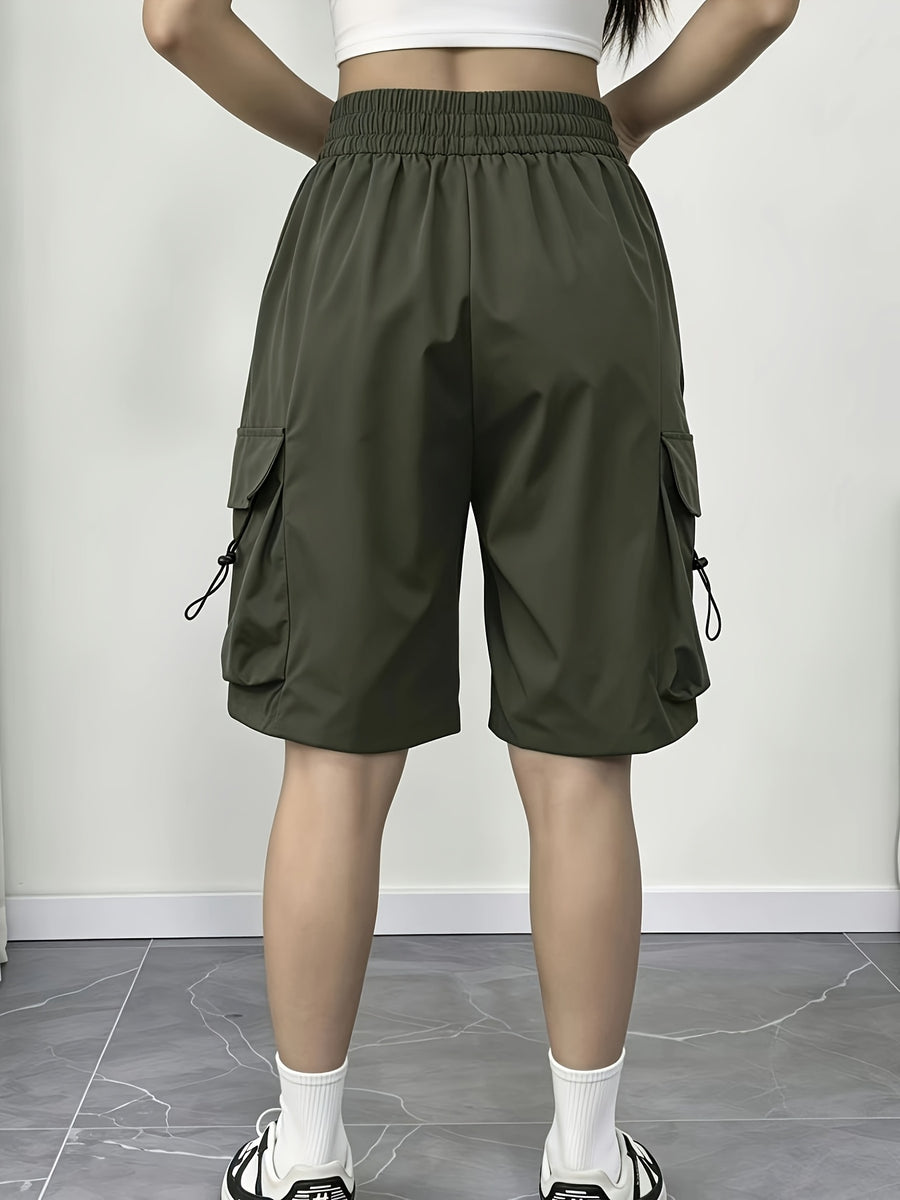 Women's Y2K Style Quick-Dry Cargo Shorts - Wide-Leg Pants with Elastic Waistband & Pockets, Shorts Suitable for Outdoor,, Casual Attire, Machine Washable, - Versatile for Occasions (No Transparency) - fern green
