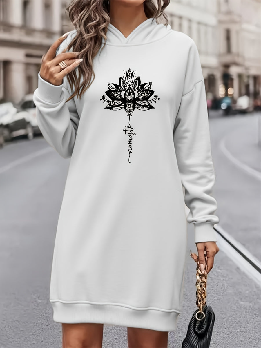 Women'S Fashion Letter Print Hooded Dress, Women'S Fall Winter Premium Trendy Street Style Youthful Fleece Color-Block Hooded Sweatshirt Casual Top, Casual Versatile Hoodie Outerwear, Pullover Shirt, Long Sleeve Sweater, Elegant - White