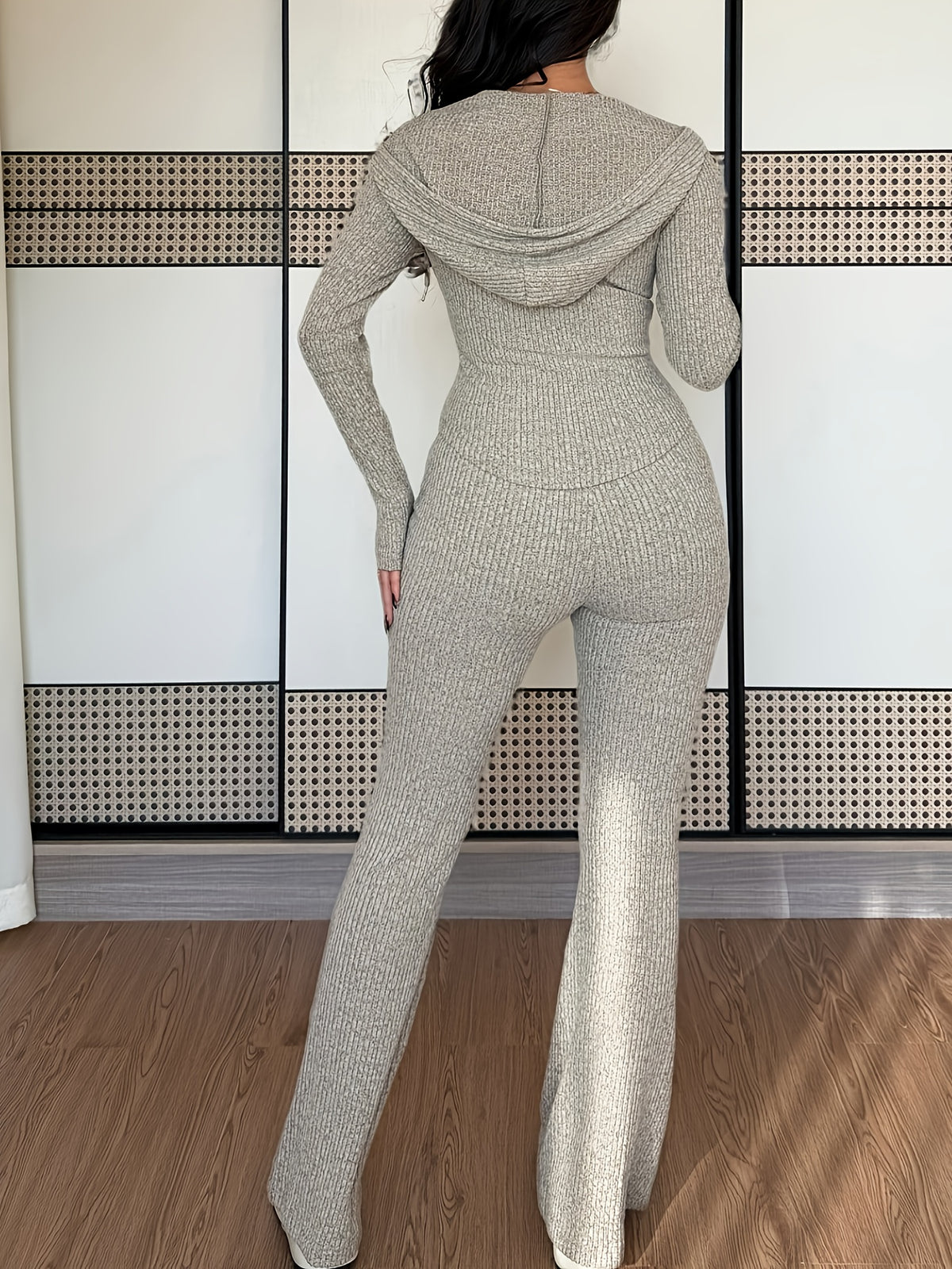 Women's Casual Two-Piece Set with Pockets Hooded Zip-Up Waist Jacket and Ribbed Flared Pants - Khaki