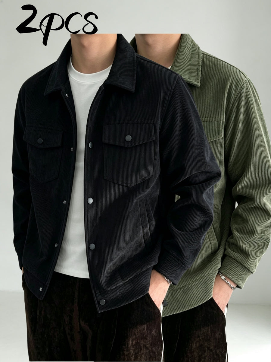 2pcs Men's Lapel Snap Button Jacket, Corduroy Texture Multi-Pocket Outerwear, Autumn/Winter Simple Vintage Casual Men's 2pcs Set - black + army green