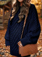Women's Sweater Dress, Women's Long Sleeve Crew Neck Textured Knitted Dresss - Navy Color