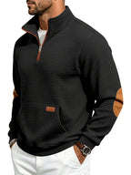 Men's Waffle Knit Casual Loose-Fit Long Sleeve Color-Block Stand Collar Half-Zip Autumn/Winter Sweatshirt - Black