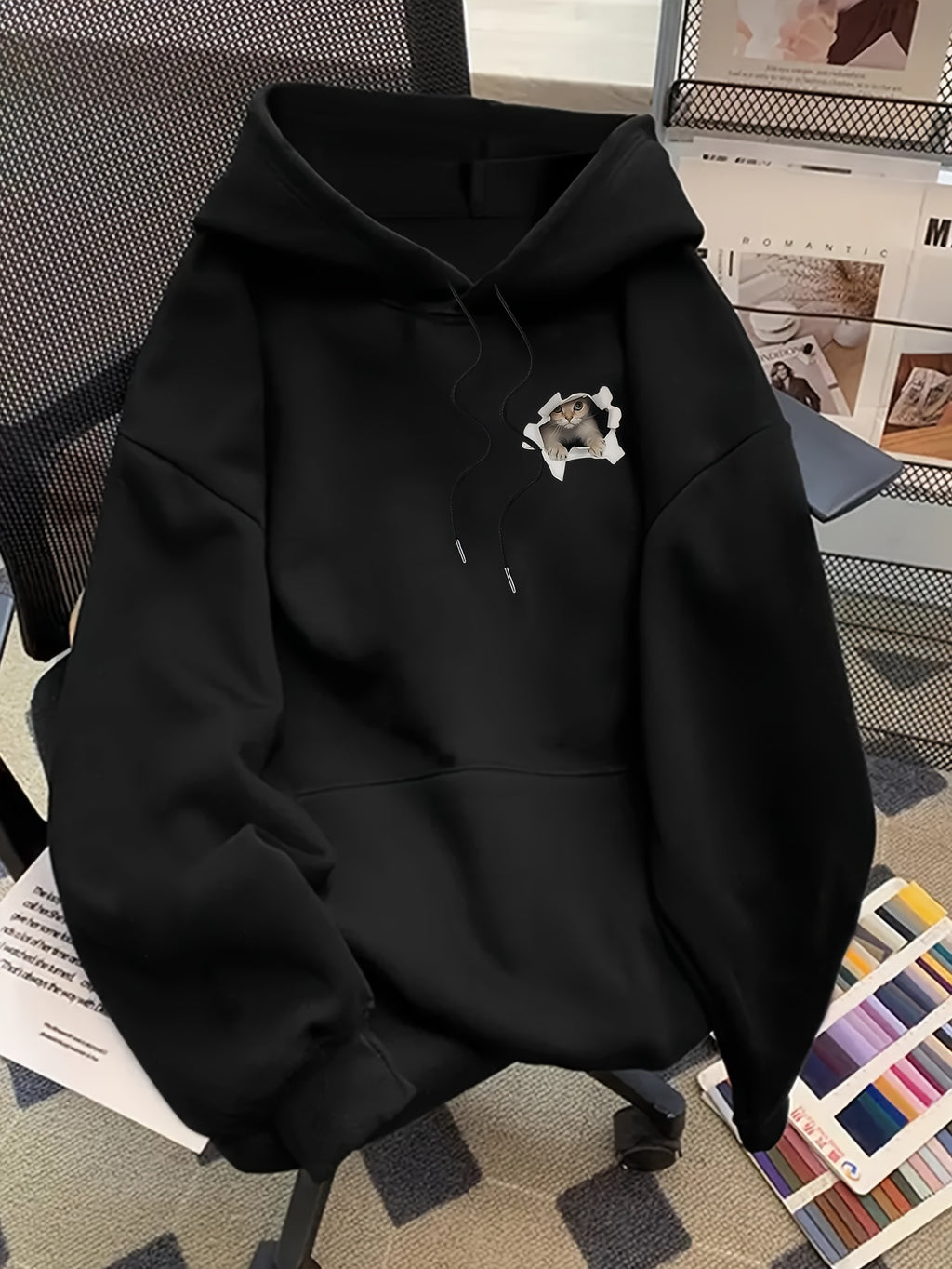 Graphic-Print Hooded Sweatshirt for Autumn And Winter, Women's Clothing - Black