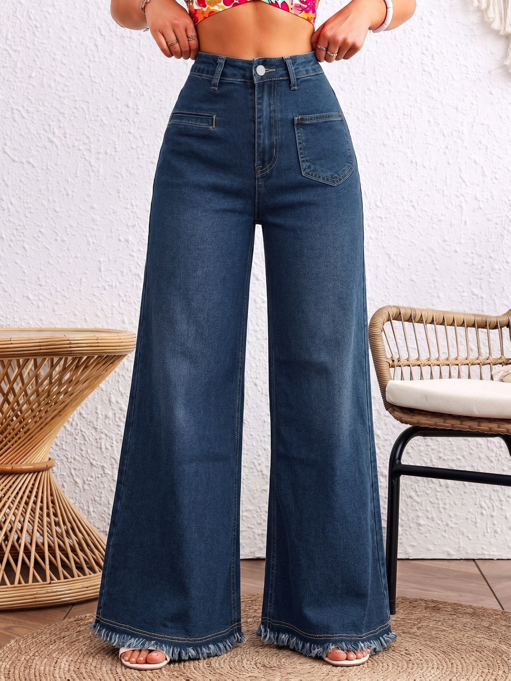 10028# Women'S High-Waist Frayed Wide-Leg Jeans, Dark Blue Stretch Denim Wide-Leg Pants, Special Front Pockets, Casual Fringed Ankle Wide-Leg Trousers - Medium Blue