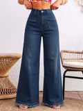 10028# Women'S High-Waist Frayed Wide-Leg Jeans, Dark Blue Stretch Denim Wide-Leg Pants, Special Front Pockets, Casual Fringed Ankle Wide-Leg Trousers - Medium Blue
