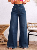 10028# Women'S High-Waist Frayed Wide-Leg Jeans, Dark Blue Stretch Denim Wide-Leg Pants, Special Front Pockets, Casual Fringed Ankle Wide-Leg Trousers - Medium Blue