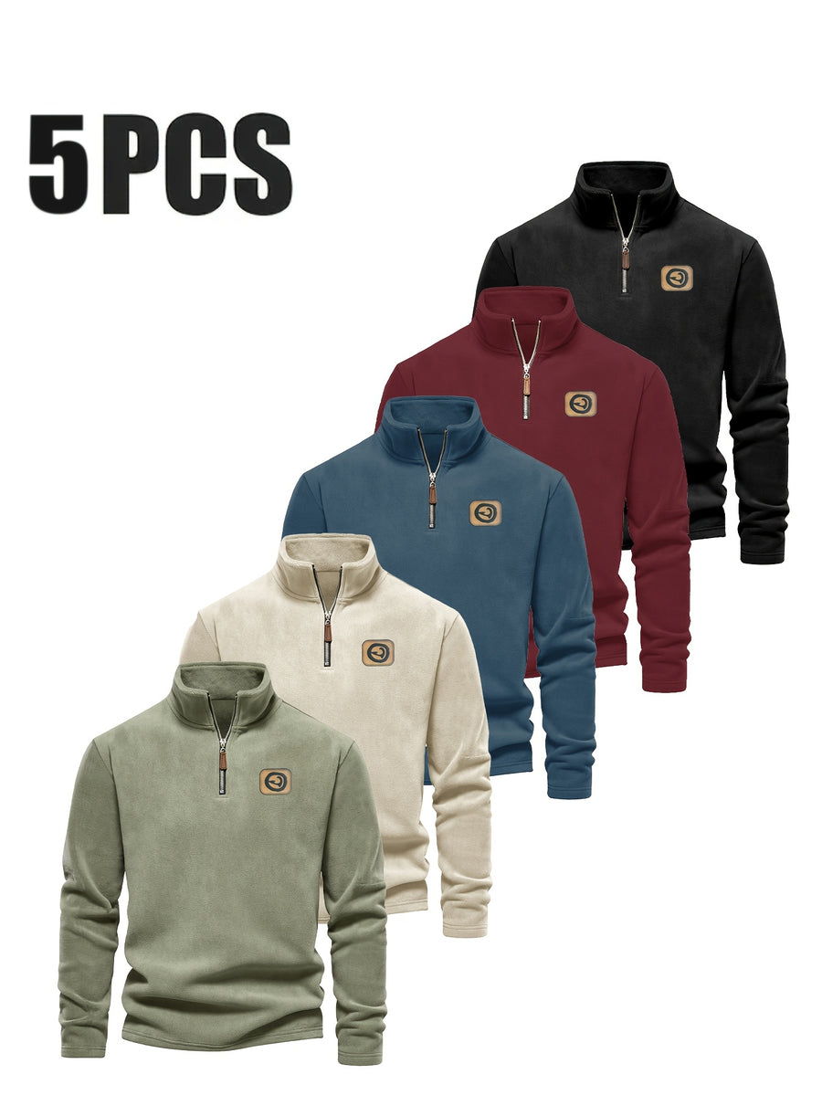 Men's Five-pc Versatile Sweatshirt, Half-Zip Stand Collar Daily Casual Top - Mint Green+Dark Blue+Dark Red+Black+Apricot