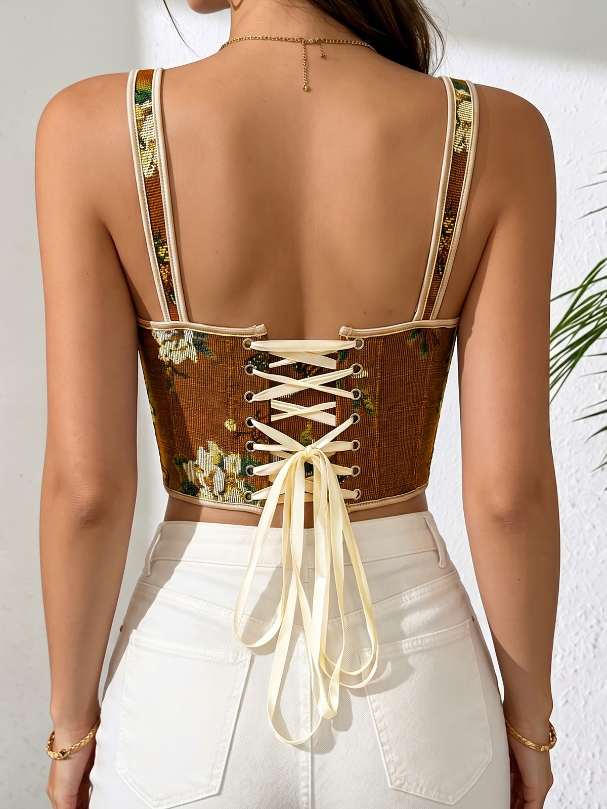 French-Style Court Bow Tie Lace-Up Floral Print Vintage Oil Painting Bodice Ball Gown Women's Camisole Printed Slim Fit Vest Corset Top for Outerwear - Light Brown-1