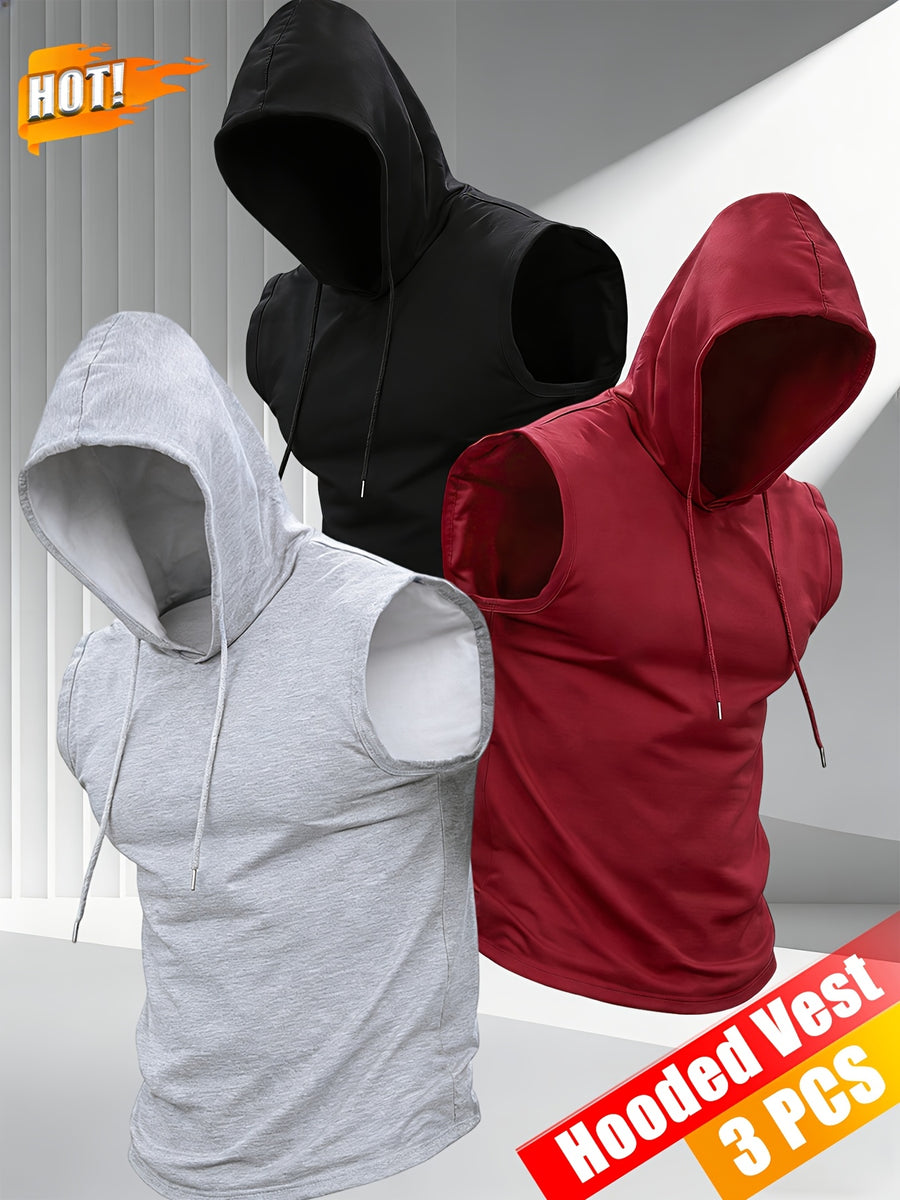 3pcs Men's Hooded Tank Tops, New Summer Style, Skin-Friendly and Breathable Fabric, Sleeveless Loose Fit for a Slimming Look, Versatile for Daily Fitness, Sports, and Streetwear, Essential for Men's Refreshing Summer Outfits - Gray+red+black