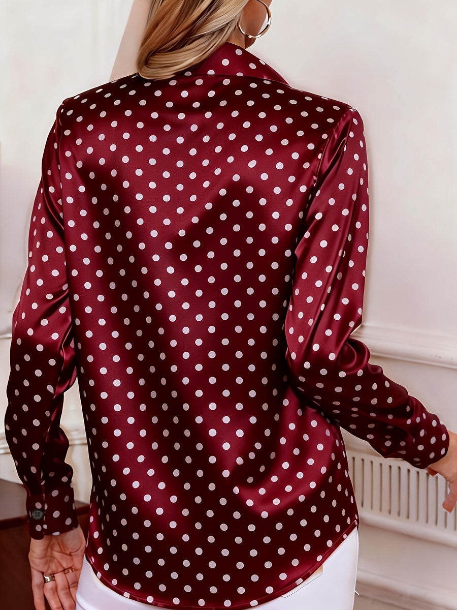 Ladies' Spring/Autumn Elegant Versatile Polka Dot Blouse - Burgundy