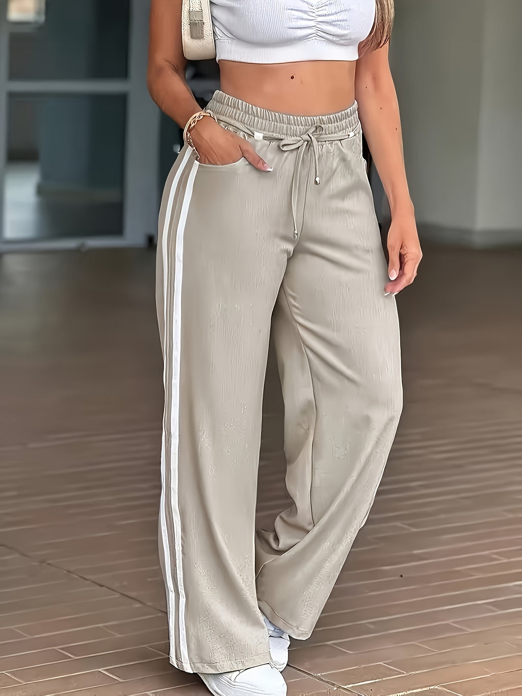 Machine Washable Pocket Spring Autumn Casual Pants, Women'S Solid Color Drawstring Striped Trousers Straight Leg Trousers Women'S Clothing - Apricot