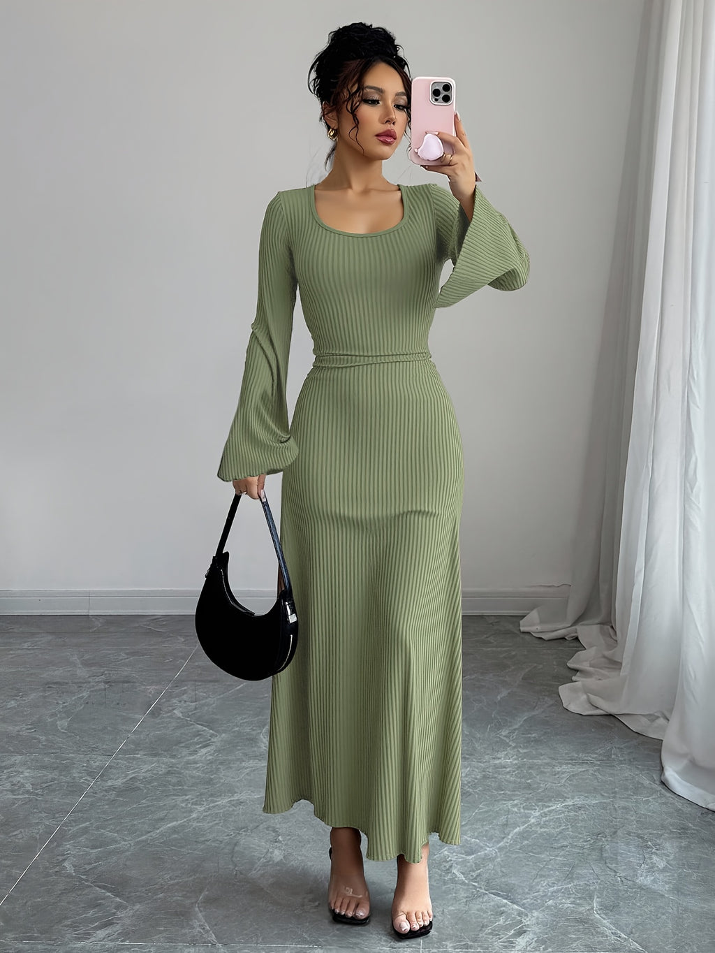 Women'S Solid Ribbed Flared Sleeve Back Tie Traditional Long Dress Elegant Long Dress - Olive Green