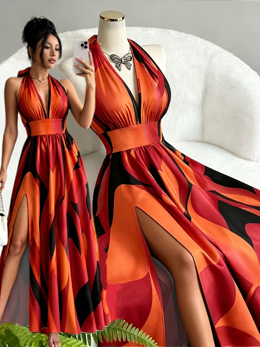 New French-Style Casual Elegant Sexy High-End Design V-Neck Backless Spaghetti Strap Waist-Revealing A-Line Slit Sleeveless Long Dress, Red and Green Floral Print, High-Quality Exquisite Women's Clothing - Red