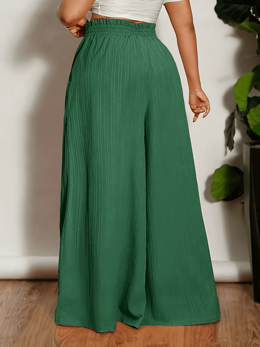 Plus Size, Plus-size Women's Casual Wide-leg Flared Pants with Pocket and Drawstring Design - Green