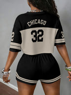 Women'S Short Sleeve Set Summer Number Print - Black