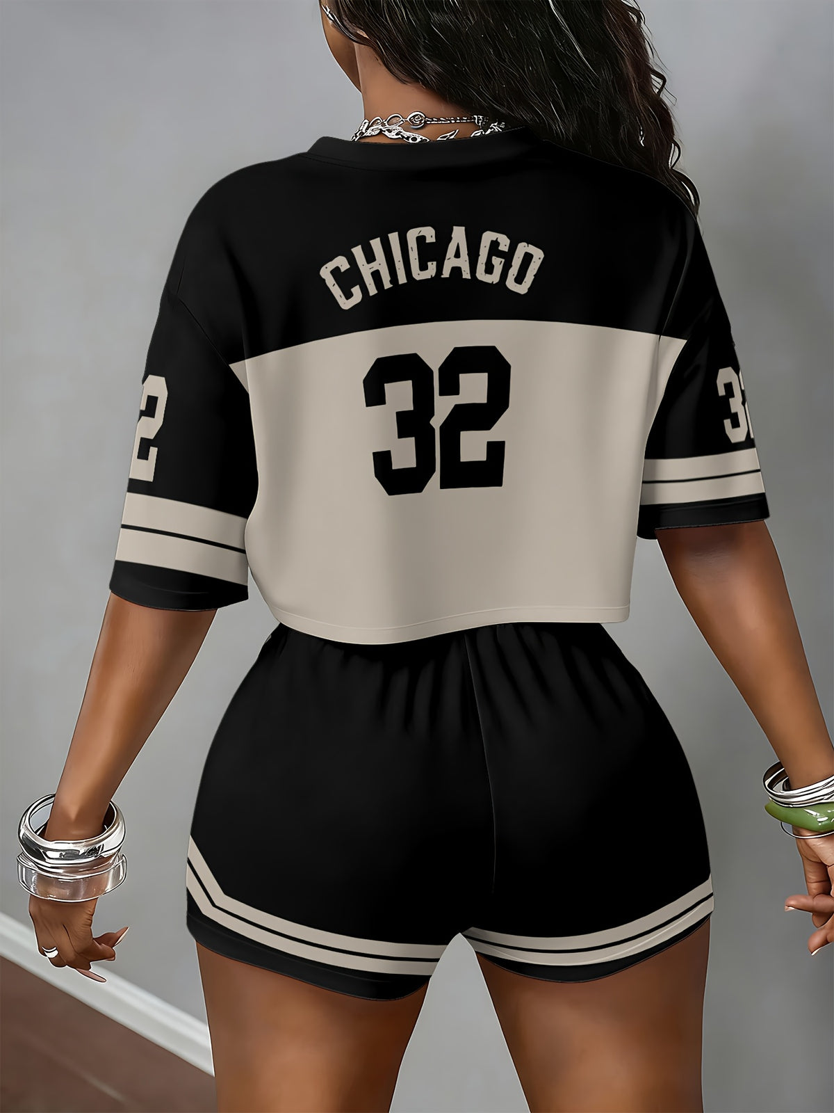 Women'S Short Sleeve Set Summer Number Print - Black