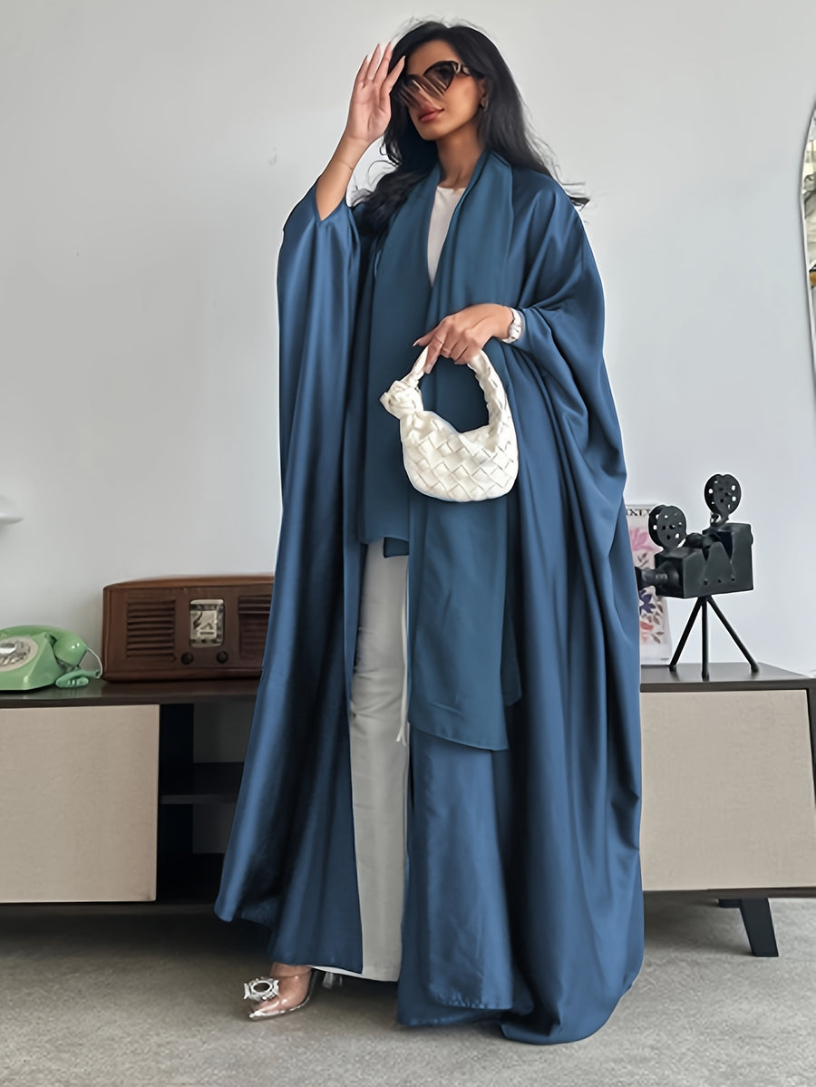 Middle Eastern Muslim Solid Color Loose Robe with Batwing Sleeves, Long Dubai Cardigan with Headscarf - Navy Color