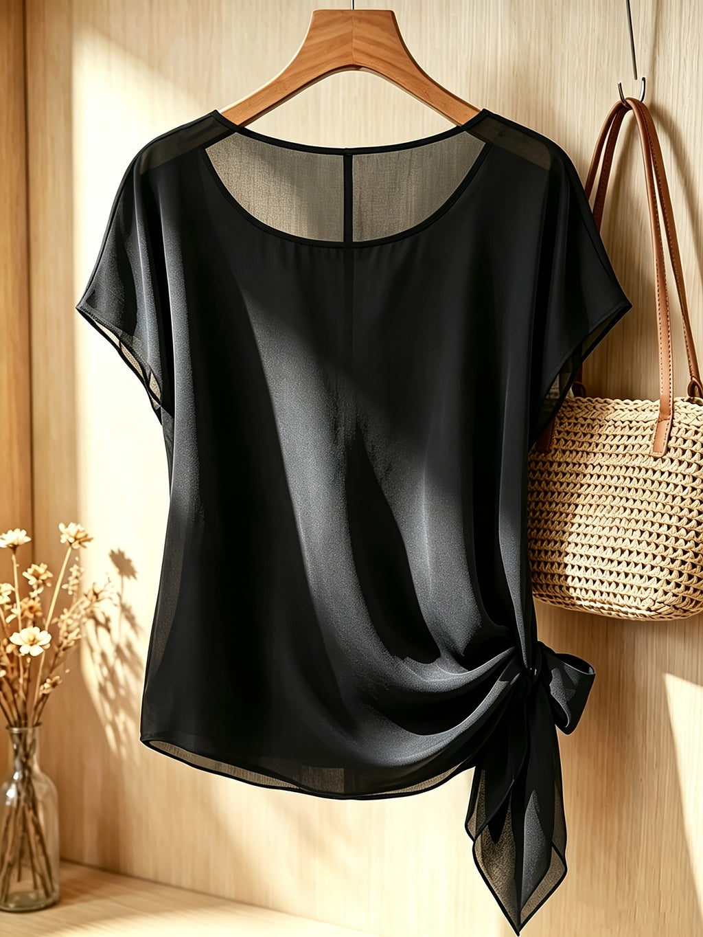 Spring Summer Women'S Fashion Ruffled Waist-Cinching Irregular Hem Temperament Elegant Style Chiffon Short Sleeve Top - Black