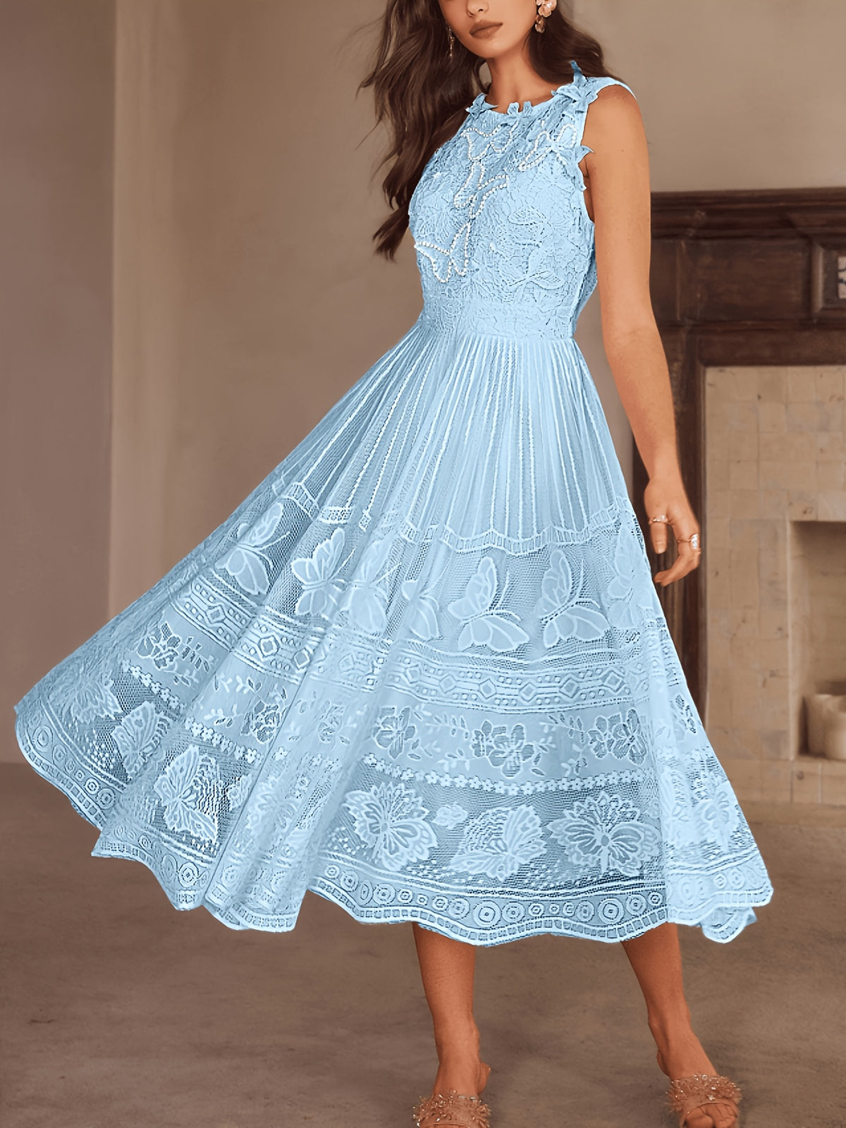 Wedding Guest Dress Women'S New Temperament Elegant Sleeveless Lace Floral Pattern A-Line Skirt Long Dress - Light Blue