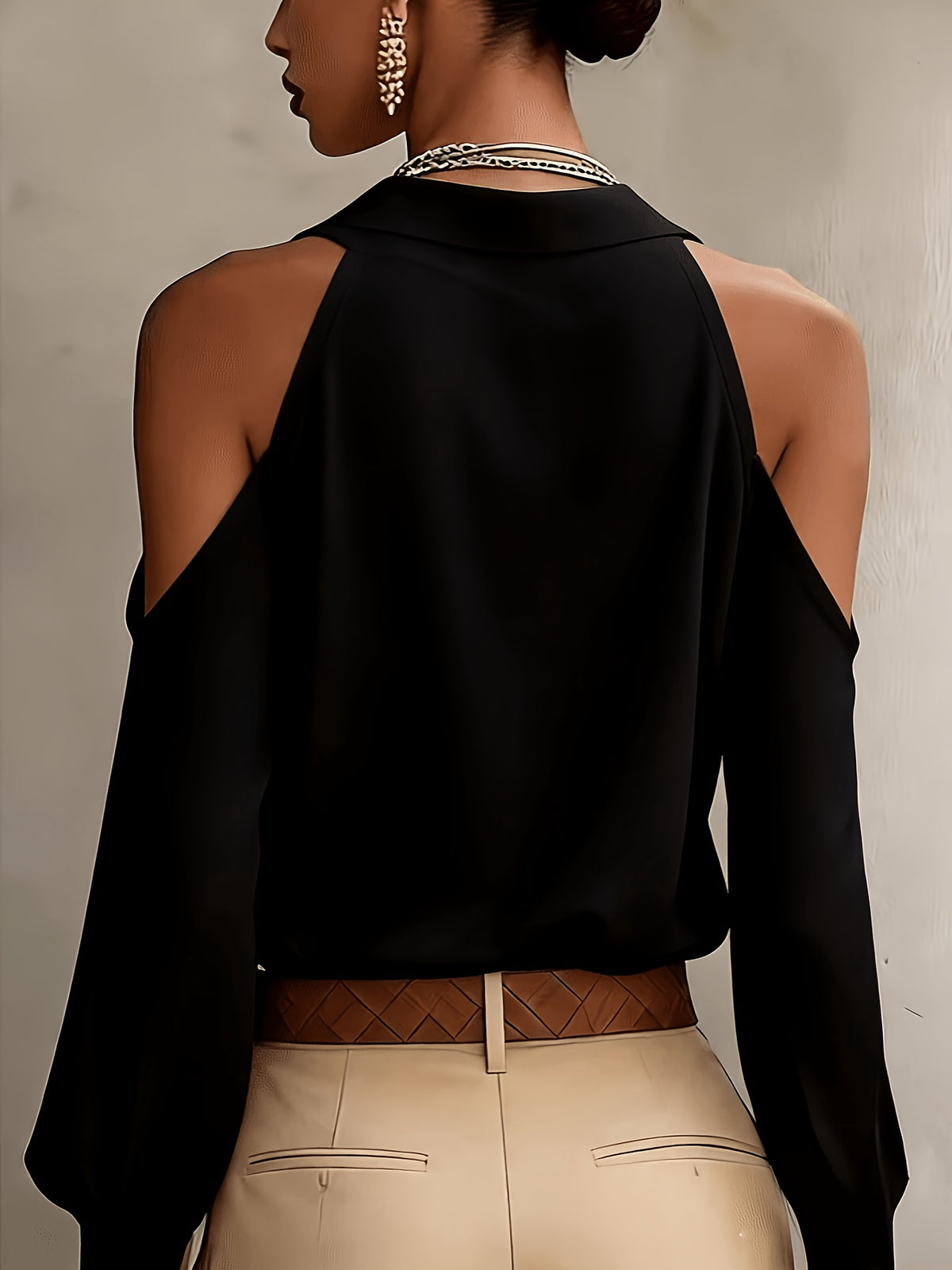 Women's Elegant Top, Summer Off-Shoulder Solid Color Blouse, for Commuting, Dating, and Daily Versatile Wear, with Lapel Collar and Buttons, Solid Color Long Sleeve Shirt ASD1 - Black